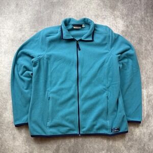 LL Bean Fleece Jacket Womens Large Teal Blue Full Zip Mock Neck Mountain Logo
